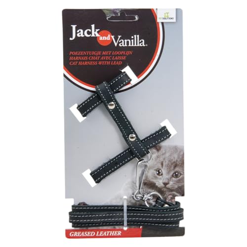 Jack and Vanilla, Katzengeschirr aus Fettleder mit Leine inklusive, Bequeme Passform und stilvolles Design, ideal zum Spazierengehen, Größe 10 mm, Schwarz, Ledermuster von Jack and Vanilla
