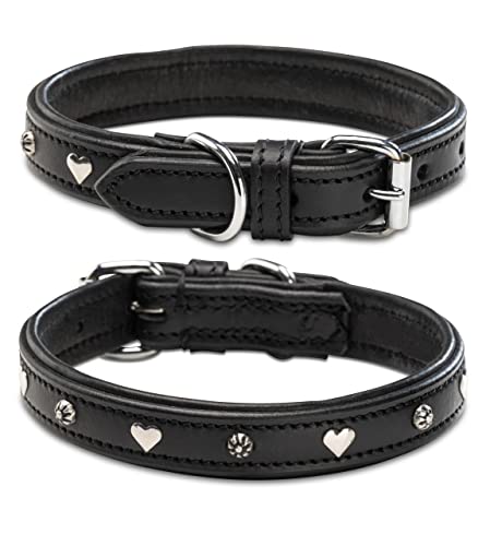 Jack & Russell Hundehalsband schwarz mit Applikationen Herz & Blume – Komfortables Echt-Leder-Hunde Halsband Coer (M (34,5-43,0)) von Jack & Russell