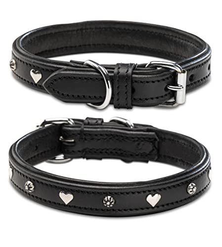 Jack & Russell Hundehalsband schwarz mit Applikationen Herz & Blume – Komfortables Echt-Leder-Hunde Halsband Coer (S (29,0-36,0)) von Jack & Russell