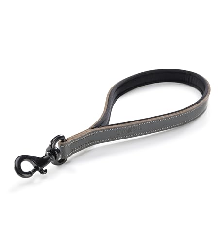 Jack & Russell Kurzführer Hundeleine 30cm aus Leder - Kurze Hundeleine aus Büffeleder & Neopren – Hunde Lederleine grau/schwarz kurz Tyler (Grau/Schwarz) von Jack & Russell