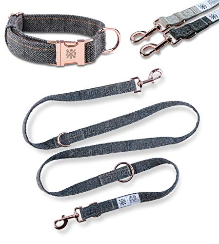 Jack & Russell Tweed Set Hundeleine 2,0m + Halsband mit roségoldenen Karabiner - Hundeleine elegant mehrfach verstellbar (S/M, dunkelgrau - meliert) von Jack & Russell