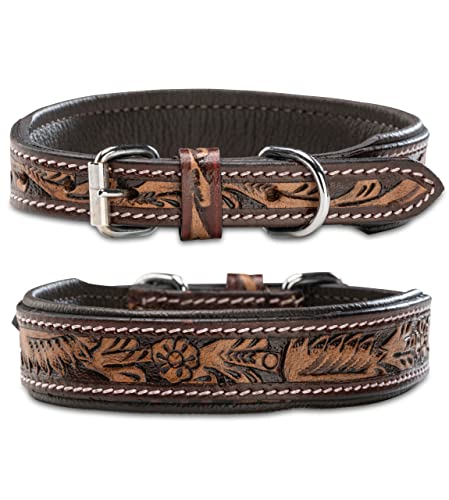 Unikat Hundehalsband aus Leder mit Hand-geschnitzten Stanzmustern/Ornamenten – Halsband aus Büffelleder – gepolstertes Hunde Lederhalsband Alexey (S (27,5-34,0cm)) von Jack & Russell