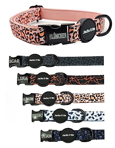 Jacks O Be Hundehalsband Halsband Name Gravur personalisiert Haustier Hund Katze Nylon besonders stabil (M, Rosa gefleckt) von Jacks O Be