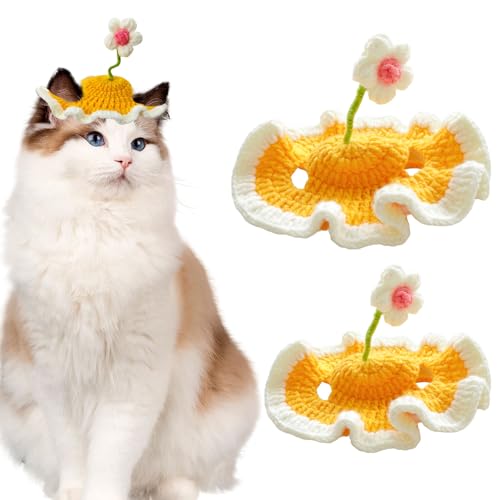 Handgefertigte Häkelmütze für Haustiere, gelbes Blumendesign, gestrickte Katzenkostüm, Kopfbedeckung, Größe S bis M, 2 Stück von Jaczora