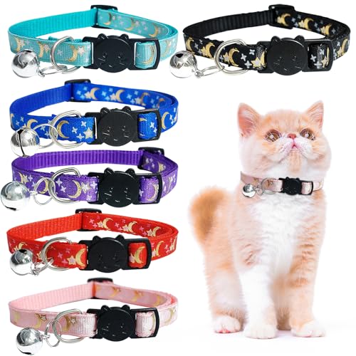 Katzenhalsbänder mit Glocke, Mond und Sternen, niedliches Kätzchen, verstellbar, sicher, für Katzen und kleine Hunde, 6 Stück Katzenhalsbänder mit Glocke, Mond und Sternen, niedliches Kätzchen, verstellbar, sicher, für Katzen und kleine Hunde, 6 Stück von Jaczora