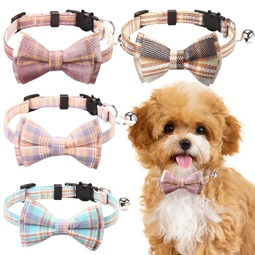 Katzenhalsband, 4 Stück, Katzenhalsband mit Glöckchen, Fliege, kariert, verstellbar, für Kätzchen, Welpen und kleine Haustiere von Jaczora