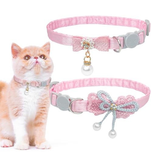 Katzenhalsband, niedliches Katzenhalsband mit Schleife, Perle, verstellbar, niedlich, Sicherheitsschleife, Perlen, 20,3–26,7 cm, für Katzen und kleine Hunde, Rosa, 2 Stück von Jaczora