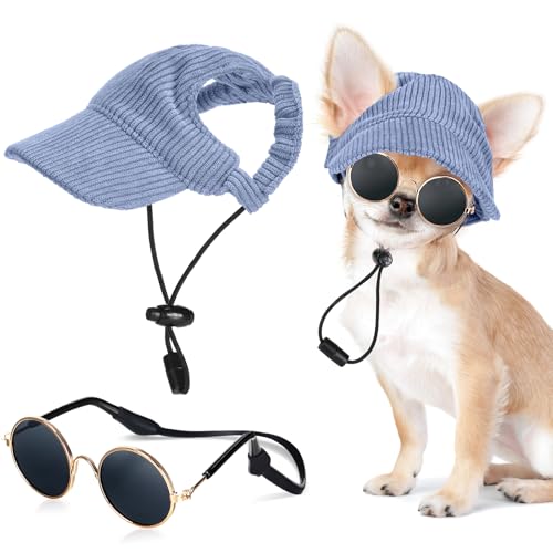 Jadive Hunde Sonnenhut mit Ohrlöchern Katze Hunde Sonnenbrille mit Rutschfestem Silikonband Verstellbarer Haustier Baseballmütze Sommer Sonnenschutz Hut für Welpen Foto-Requisiten(Blau,Klein) von Jadive