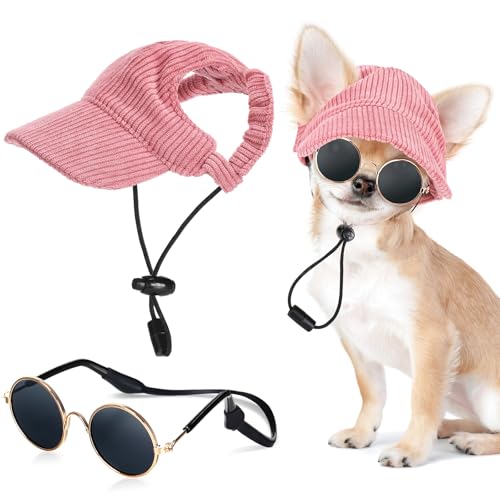 Jadive Hunde Sonnenhut mit Ohrlöchern Katze Hunde Sonnenbrille mit Rutschfestem Silikonband Verstellbarer Haustier Baseballmütze Sommer Sonnenschutz Hut für Welpen Foto-Requisiten(Rosa,Klein) von Jadive