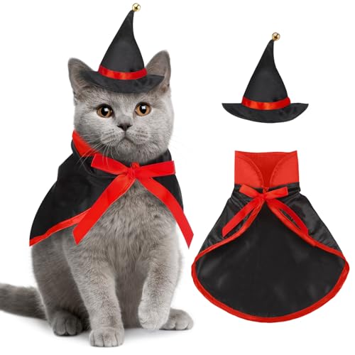 Katzen Halloween Kostüm Haustier Hexen Outfit Katzen Umhang und Katze Zaubererhut für Kleine Mittelgroße Hunde Kätzchen Halloween Haustier Cosplay Kostüm (Rot, Schwarz, Leer) von Jadive