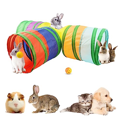 Meerschweinchen-Versteck und Ball mit Glocke, Segeltuch, Meerschweinchen-Spielzeug, Meerschweinchen-Zubehör, faltbarer 3-Wege-Regenbogen-Tunnel, geeignet für kleine Tiere von Jaeskeclip