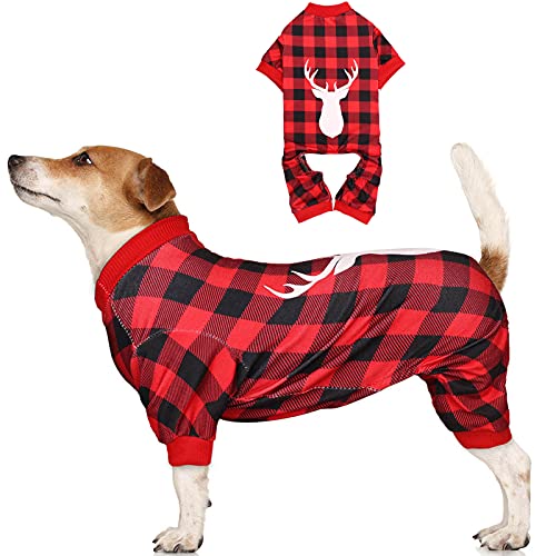 Hunde-Pyjama, Buffalo Plaid mit Rentier-Druck, Hunde-Einteiler, super weich und dehnbar, für große Hunde, Größe L von Jamktepat