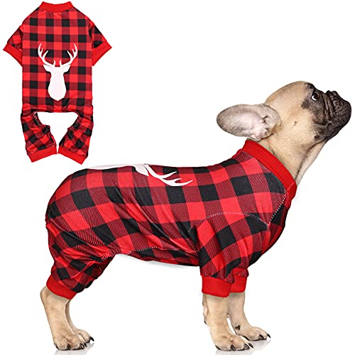 Hunde-Pyjama, Buffalo Plaid mit Rentier-Druck, Hunde-Einteiler, super weich und dehnbar, für kleine Hunde, Größe S von Jamktepat