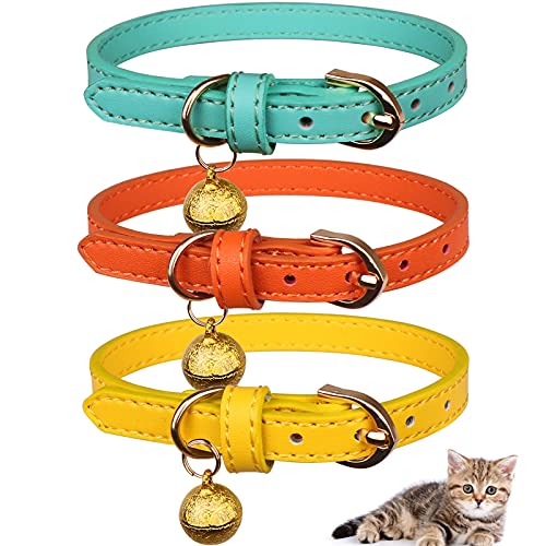 Jamktepat Katzenhalsbänder aus Leder mit Glöckchen, weiches Haustier-Sicherheitshalsband, Kätzchen-Halsbänder mit Glöckchen, Orange, Gelb, Mintgrün, 3 Stück (XS) von Jamktepat