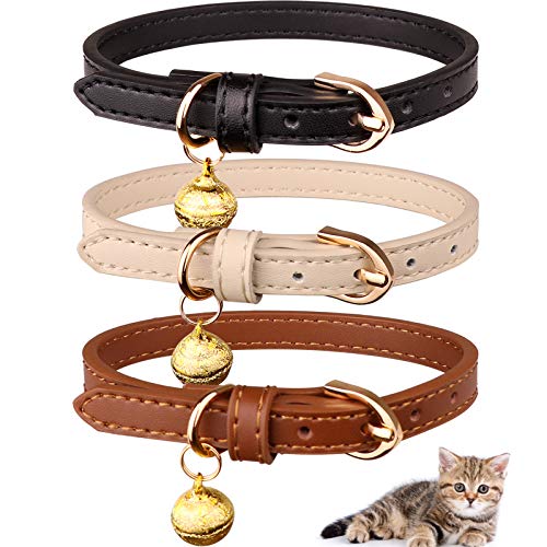 Jamktepat Katzenhalsbänder aus Leder mit Glöckchen, weiches Sicherheitshalsband für Kätzchen, mit Glöckchen, Schwarz, Schokoladenbeige, 3 Stück von Jamktepat