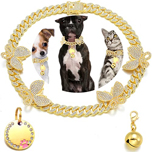 JanToPet Goldfarbenes Hundehalsband mit glitzerndem Zirkonia, Schmetterling, 13 mm, kubanisches Gliederhalsband, für kleine, mittelgroße und große Hunde, mit Namensschild und Glöckchen (13 mm, 55,9 cm JanToPet Goldfarbenes Hundehalsband mit glitzerndem Zirkonia, Schmetterling, 13 mm, kubanisches Gliederhalsband, für kleine, mittelgroße und große Hunde, mit Namensschild und Glöckchen (13 mm, 55,9 cm von JanToPet