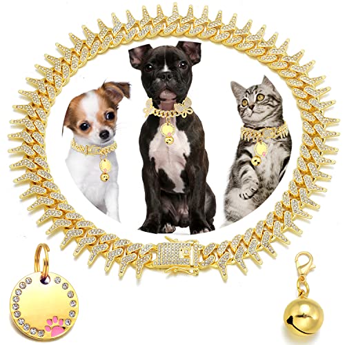 JanToPet Rivet Cuban Link Hundehalsband, 13 mm, Goldkette, für Hunde und Katzen, mit Design, sichere Schnalle, glitzernd, Zirkonia, Diamantkette, Hundehalsband für kleine, mittelgroße und große Hunde JanToPet Rivet Cuban Link Hundehalsband, 13 mm, Goldkette, für Hunde und Katzen, mit Design, sichere Schnalle, glitzernd, Zirkonia, Diamantkette, Hundehalsband für kleine, mittelgroße und große Hunde von JanToPet