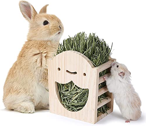 JanYoo Kaninchen Heu Futterspender Natur Holz Heu Halter für Meerschweinchen Bunny Käfig Kaninchen Heu Spender Hängend von JanYoo