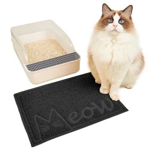 JanYoo Katzenstreu Matte, 40 x 30 cm PVC wasserdichte Katzenmatte Katzenklomatte Katzenklo mit Rutschfester, Matte Katzentoilette für Litter Catcher, Urinwasserfest,Schwarz von JanYoo