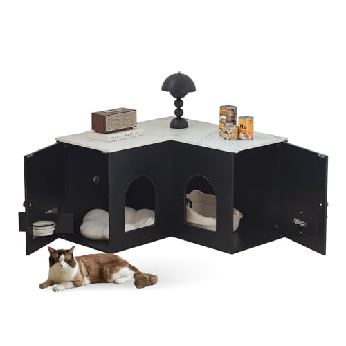 JanflyHome Ecktoilette Enclosure 80.0 cm Double Litter Box Enclosure Furniture with Cat Feeder, 2 Collapsible Bowls, Dog Proof Litter Box, 80.0 cm x 40.0 cm x 50.0 cm, Black von JanflyHome