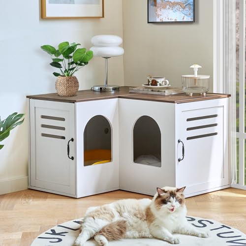 JanflyHome Katzentoilette Gehege, 80.0 cm Versteckte Katzentoilette Möbel für 2 Katzen, Moderne Ecktoilette Schrank mit Doppelzimmer, Weiß von JanflyHome