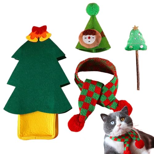 Katzen-Weihnachtsmütze und Schal, Katzen-Weihnachtskostüm - Outfit Kostüm Weihnachten Katze Schal Mütze,Weihnachten Fancy Christmas Pet Outfits Kleidung für den Innenbereich im Katzenstil von Janurium