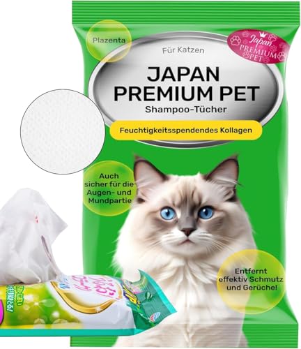 Japan Premium Pet Katzenshampoo Handtuch | Reinigungstücher, die wie Trockenshampoo für Katzen wirken | Reinigen & desodorieren mit unserem Katzenhandtuch mit Kollagen & Plazenta| 25 St | (20 x 30 cm) von Japan Premium Pet