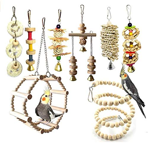 8 Stück Papageien-Spielzeug für Vogel-Käfig - Hängende Schaukel Glöckchen Hängematte Sitzstangen Kau-Spielzeug zum Natürliches Holz für Papagei #1 von JasCherry