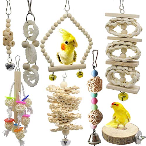 8 Stück Papageien-Spielzeug für Vogel-Käfig - Hängende Schaukel Glöckchen Hängematte Sitzstangen Kau-Spielzeug zum Natürliches Holz für Papagei #2 von JasCherry