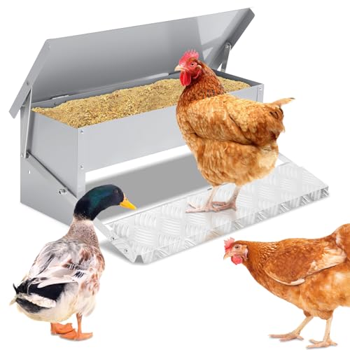 Jaxguom Futterautomat Hühner 5KG Futterspender Futtertrog mit Automatisches Pedal, Hühnerfutter für Geflügel, Wasserdicht und rattensicher von Jaxguom