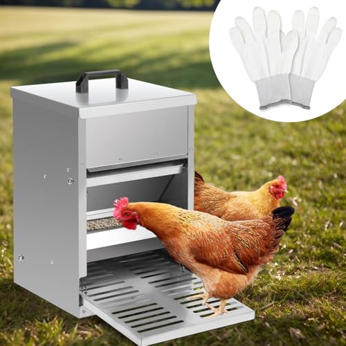 Jaxguom Futterautomat Hühner 5KG Futterspender Futtertrog mit Automatisches Pedal, Hühnerfutter für Geflügel ideales Hühner Zubehör, Wasserdicht und rattensicher, verzinkt von Jaxguom