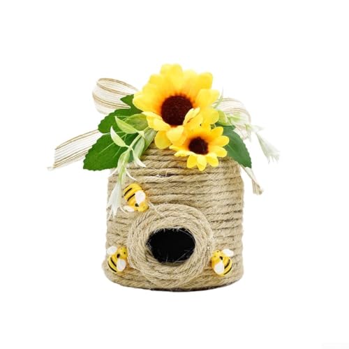 Handgefertigtes Jute-Bienenstock-Ornament, mit Sonnenblumen-Büffelkaro, natürliches Bienenhaus für drinnen und draußen, Garten, Heimdekoration (C und C) von Jayruit