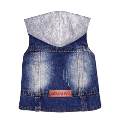 JcDuDoi Hunde-Jeansjacke mit Kapuze, Denim-Haustiermantel für Welpen, kleine Hunde, klassischer Overall, männliche Katzenkostüme, gewaschene Weste, Kleidung, Outfit, T-Shirts (Kapuzenpullover, klein) von JcDuDoi