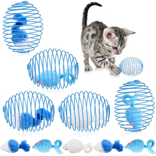 Jecery Katzen-Federbälle, dehnbare Federn, Spielzeug, interaktive Rollbälle, bunt, verspielte Spulen, Federbewegung, Spielzeug für Ratten, für Kätzchen, Katzen, Haustierbedarf, Innenbereich, Blau / von Jecery
