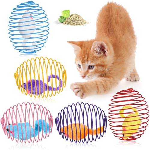 Jecery Katzenfederbälle, dehnbare Federbälle, bunt, verspielte Spulen, Springspielzeug, Käfig-Ratten für Kätzchen, Katzen, Haustierbedarf, Innenbereich, mehrfarbig, Katzenminze, Ratten, 5 Stück von Jecery