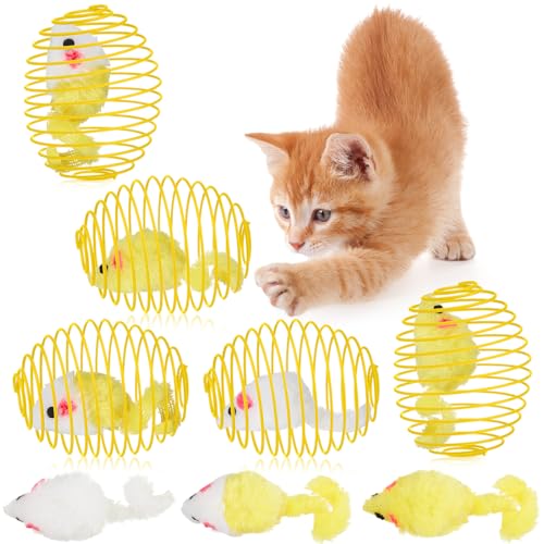 Jecery Katzenfederbälle, dehnbare Federbälle, bunt, verspielte Spulen, interaktives Feder-Action-Spielzeug, Käfig-Ratten für Kätzchen, Katzen, Haustierbedarf, drinnen (gelbe Maus, Gelb) von Jecery