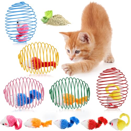Jecery Katzenfederbälle, dehnbare Federbälle, bunt, verspielte Spulen, interaktives Federspielzeug, Käfig-Ratten für Kätzchen, Katzen, Haustierbedarf, drinnen (Katzenminze, Ratten, helle Farbe) von Jecery