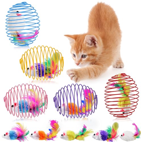 Jecery Katzenfederbälle, dehnbare Federbälle, bunt, verspielte Spulen, interaktives Federspielzeug, Käfig-Ratten für Kätzchen, Katzen, Haustierbedarf, drinnen (niedliche Maus, helle Farbe), 5 Stück von Jecery