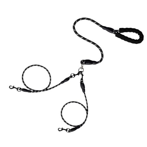 Double Dog Leash for Two Dogs, Tangle-Free Dual Leash with Swivel Clip and Soft Foam Handle, Heavy Duty Nylon Lead for Large Pets (Black A) von Jeeeun