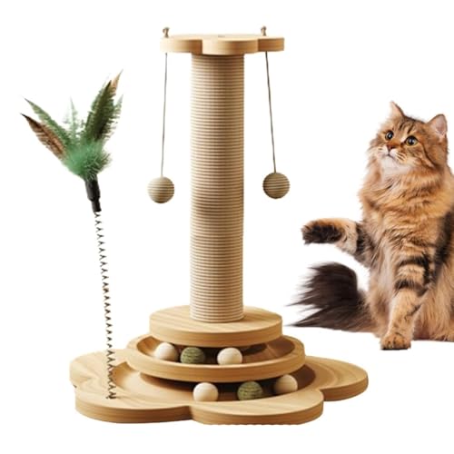 Scratching Post - 4 in 1 Scratching Post, Interactive Feather Toy and 2 Sisal Hanging Balls Scratcher Post with Cat Turntable for Indoor Cats (B) von Jeeeun
