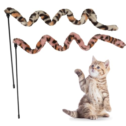 Jeffdad 2 Stück Interaktiver Zauberstab für Katzen, Leopardenmuster Katzen-Teaser, Plüsch Zauberstab Katzen Spielzeug für Kätzchen Katzen Training(60cm) von Jeffdad