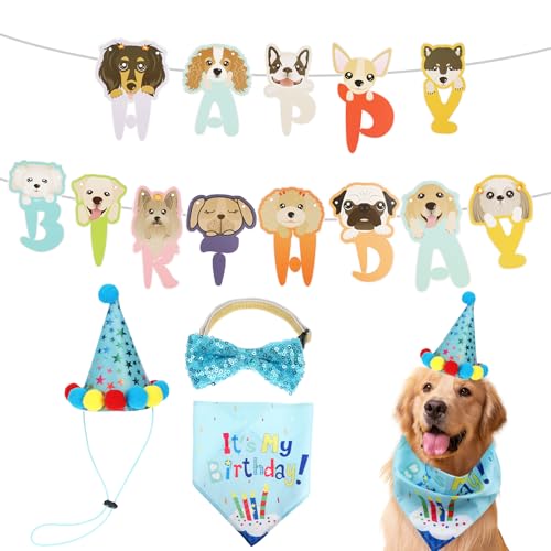 Jeffdad Hund Geburtstag Party Set - Banner, Hut, Bandana, Fliege, Geburtstagsmütze - Geburtstagsfeier Dekoration Zubehör (Blau) von Jeffdad
