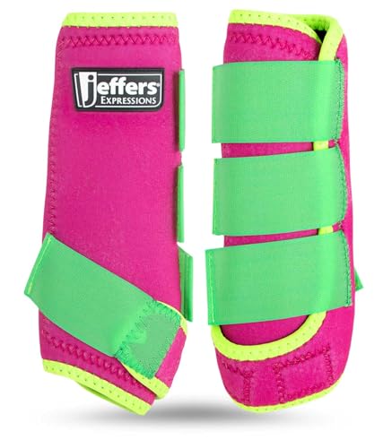 Jeffers Expression Neon Pferdestiefel – Rosa & Limette, atmungsaktives Neopren, sichere Klettverschlüsse, langlebiger Premium-Schutz für Springtraining & Trail-Reiten – vorne & hinten, große Größe von Jeffers