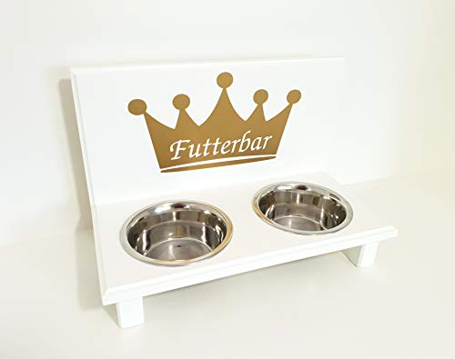 Jennys Tiershop Futterbar. Gestalten mit Wunschnamen und Deko. Napfbar für kleine Hunde. Hundenapf. Futterbar Hunde in weiß. 2 x 750 ml. Goldene Krone. (72l) von Jennys Tiershop