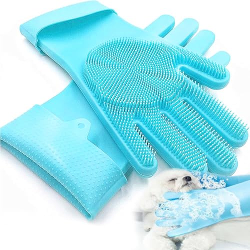 Jennytim Haustier-Bad- & Massagehandschuhe zur Fellentfernung, Haustierpflegehandschuhe, Silikon-Katzenpflegehandschuhe, Katzenbürste geeignet für Hunde und Katzen zur Badung und Massage (Blau) von Jennytim