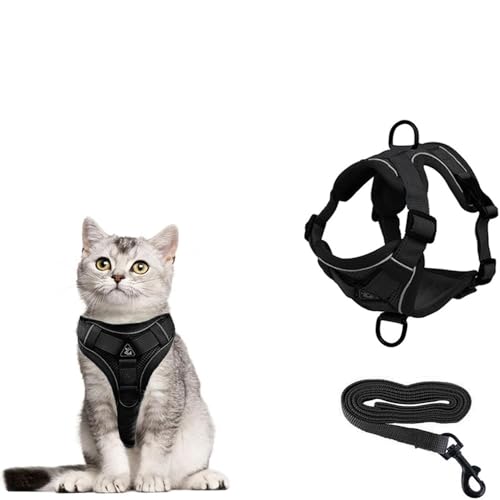 Katzengeschirr mit Leine Ausbruchsicher, Atmungsaktives Katzen Geschirr mit Reflektoren Leine für Hunde und Katzen Sicherheitsgurt für Spaziergänge Adjustierbar & Bequem (Schwarz, S) von Jennytim