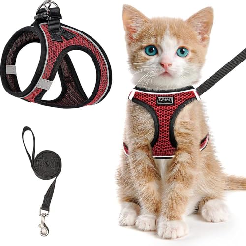 Katzengeschirr und Leine zum Spazierengehen, verstellbares Sicherheitsgeschirr für Hunde, Anti Ausbruch Brustgurt mit reflektierenden Streifen, perfekt für Spaziergänge, Training (Rot, M) von Jennytim