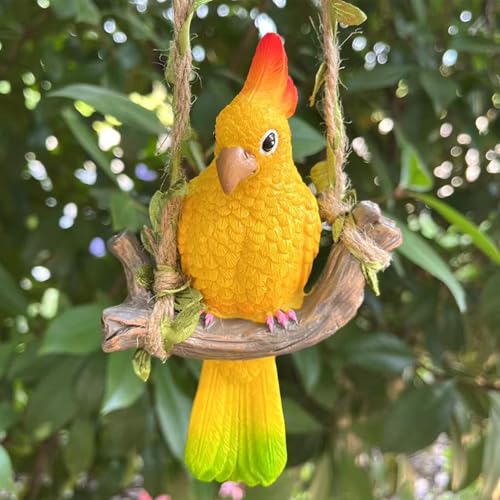 Jenshhch Papageienschaukel Ornament 40CM Hanfseil Papageien Deko Outdoor Vogel Figuren Aus Premium Harz Wetterfest UV-Beständig Für Garten Balkon Terrassen Dekoration (A) von Jenshhch