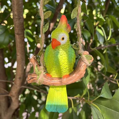 Jenshhch Papageienschaukel Ornament 40CM Hanfseil Papageien Deko Outdoor Vogel Figuren Aus Premium Harz Wetterfest UV-Beständig Für Garten Balkon Terrassen Dekoration (B) von Jenshhch
