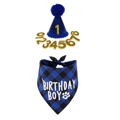 Cat Birthday Hat, 1 Set Dog Birthday Outfit, süßer blauer Jungenhund-Geburtstagshut und Hundebandana-Schal-Set mit Zahlen, Hundepartyhut mit Pom-Poms-Toper für Hunde Katzen Haustiere, Mini Party Hüte von Jeorywoet
